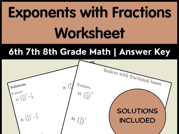 Exponents with Fractions Worksheet - 6th 7th 8th Grade Math | Answer Key