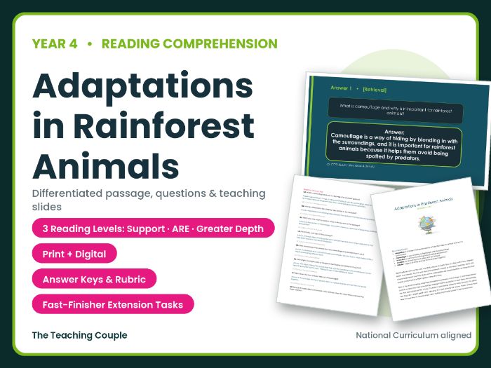 Adaptations in Rainforest Animals Reading Comprehension | Year 4 (KS2)
