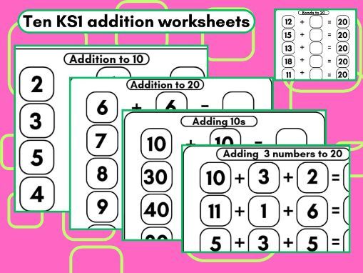 KS1 addition worksheets - 10 sheets