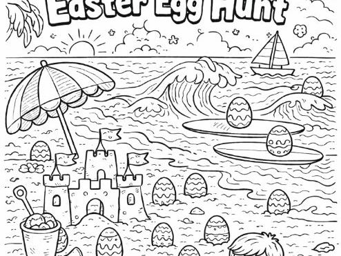 Easter Egg Hunt at the Beach Colouring Sheet