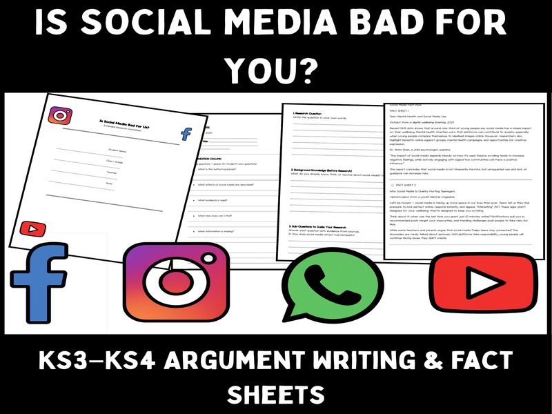 Social Media Research & Argument Writing Pack | KS3–KS4 English & PSHE | Fact Sheets, Worksheets & N