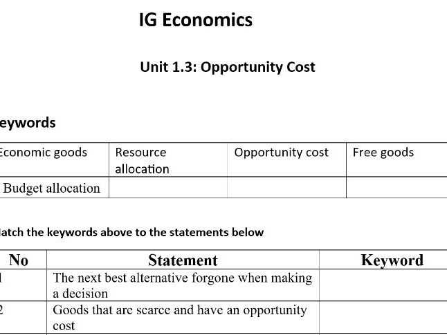 IG Econ Unit 1.3: Opportunity Cost Worksheet
