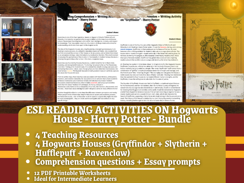 ESL Reading Comprehension + Writing Activity Bundle - Hogwarts Houses - Harry Potter
