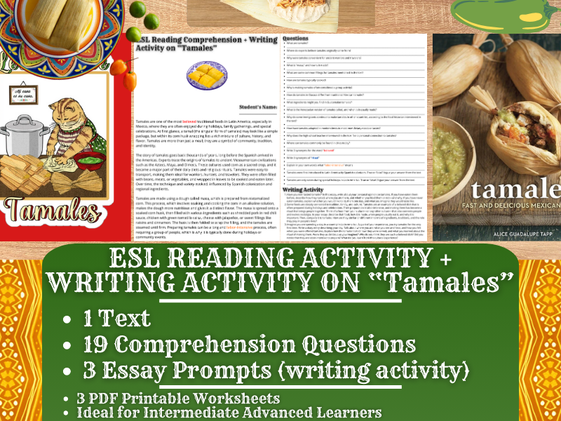 ESL Reading Comprehension + Writing Activity Worksheets on "Tamales" - Latin American Food
