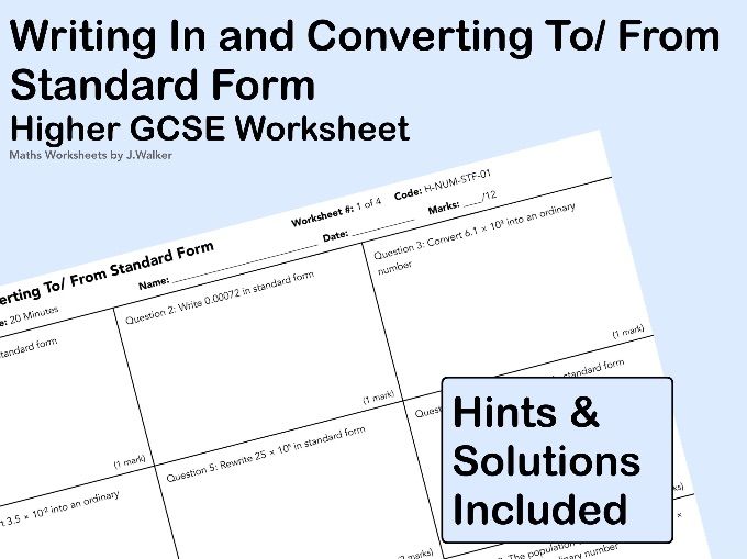 GCSE Maths Worksheet: Mixed Exam-Style Questions for Writing In and Converting To/ From Standard For