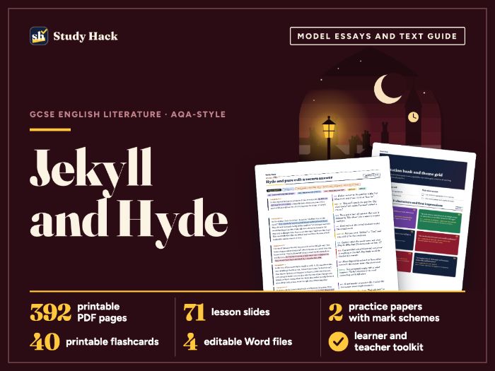GCSE English Literature Jekyll and Hyde: AQA-style model essays, workbook and lessons
