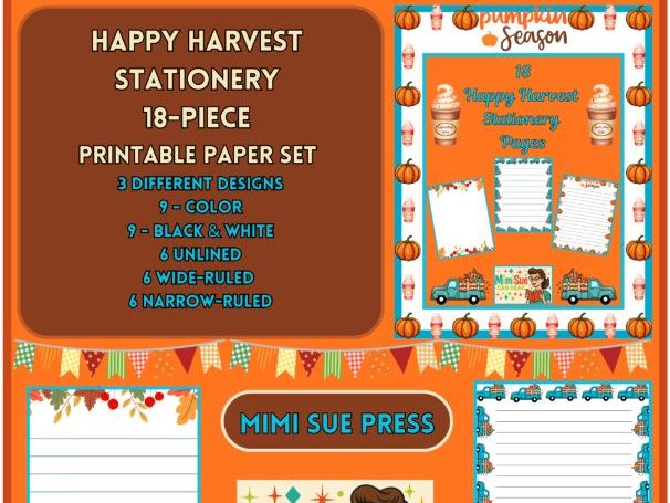 Happy Harvest Stationery 18 Printable Writing Papers (Color/B&W) (Lined/Unlined)
