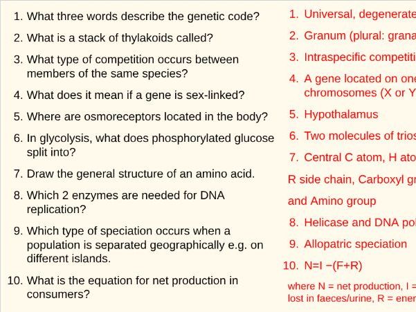 A Level AQA Biology Recall Revision Quizzes
