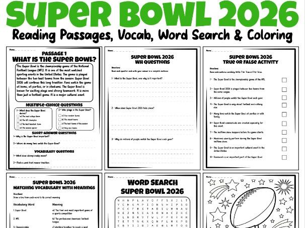 Super Bowl 2026 Activities | Reading Passages, Vocab, Word Search & Coloring
