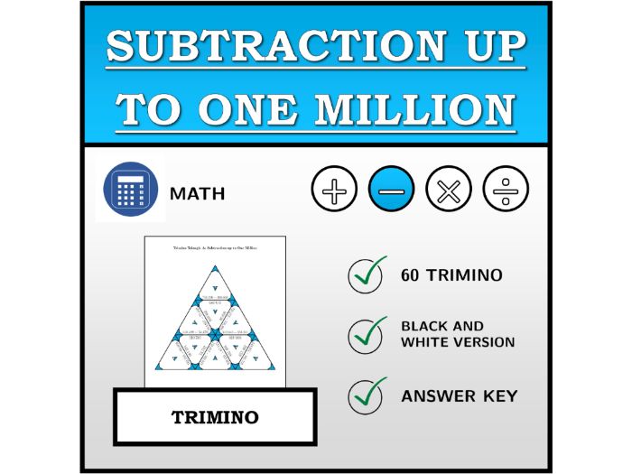 Trimino | Subtraction up to One Million | Math Activity