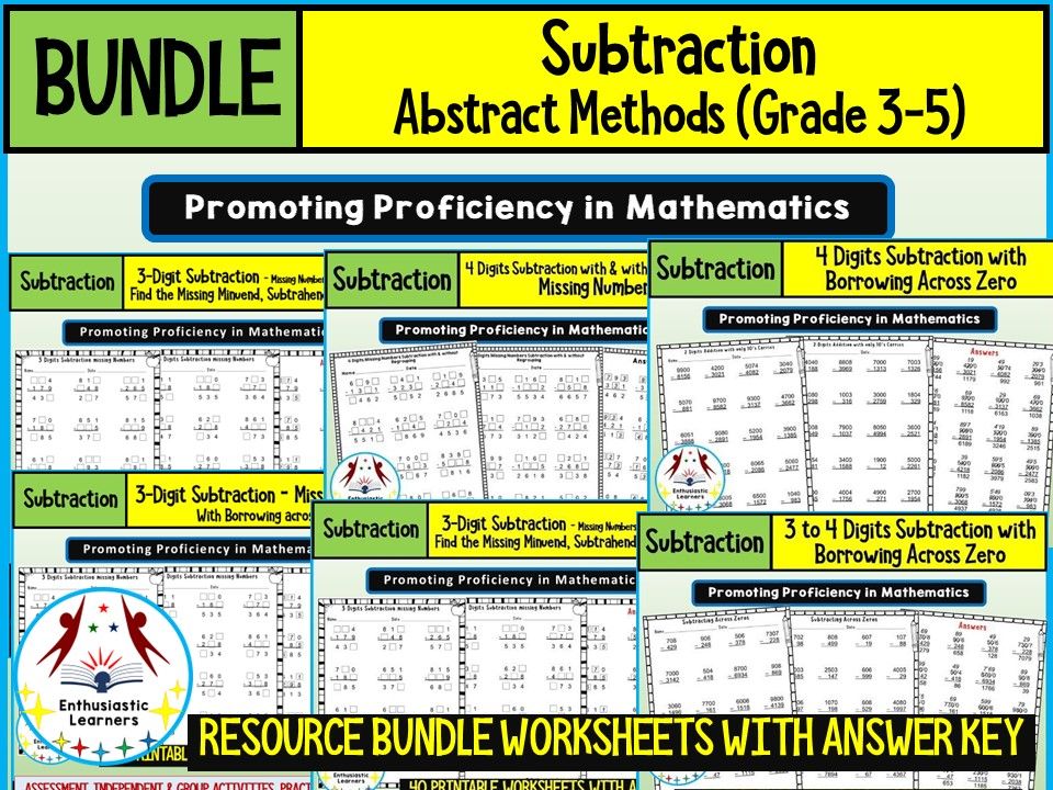 SUBTRACTION  ABSTRACT METHOD Worksheets Product or Resource BUNDLE for GRADE 3–5