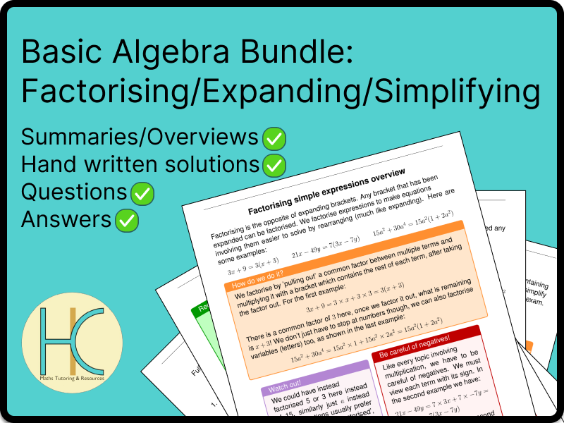 Basic algebra bundle for GCSE (Factorising/Expanding/Simplifying)