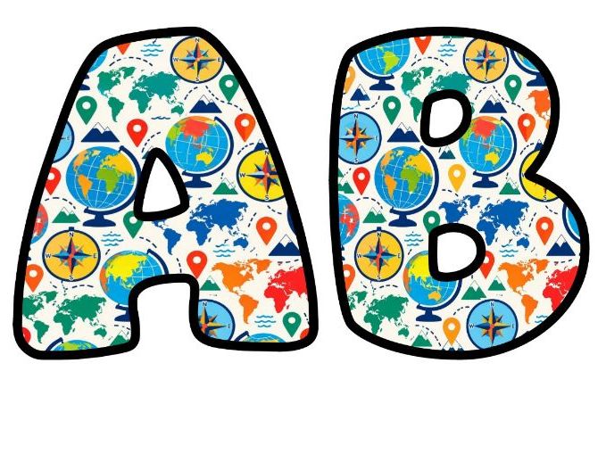 Globes Compasses Map Pins Bubble Letters | Geography Topic Bulletin Board Letters