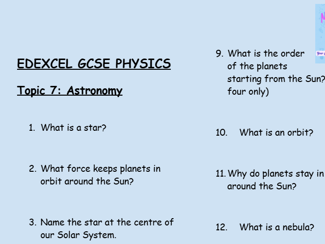 Astronomy – Topic 7 GCSE Physics Retrieval Questions | Edexcel