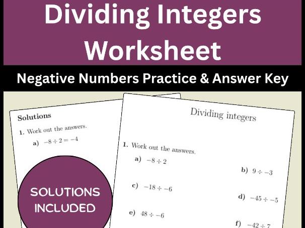 Dividing Integers Worksheet | Negative Numbers Practice & Answer Key