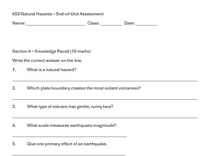 KS3 Natural Hazards Assessment and Knowledge Organiser