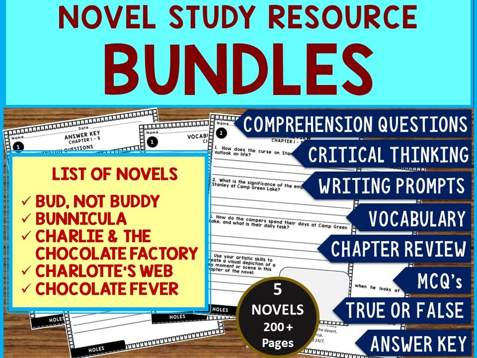 NOVEL STUDY BUNDLE (5 Novels) Comprehension, Critical Thinking, Vocab, MCQs, True or False, Writing Prompts
