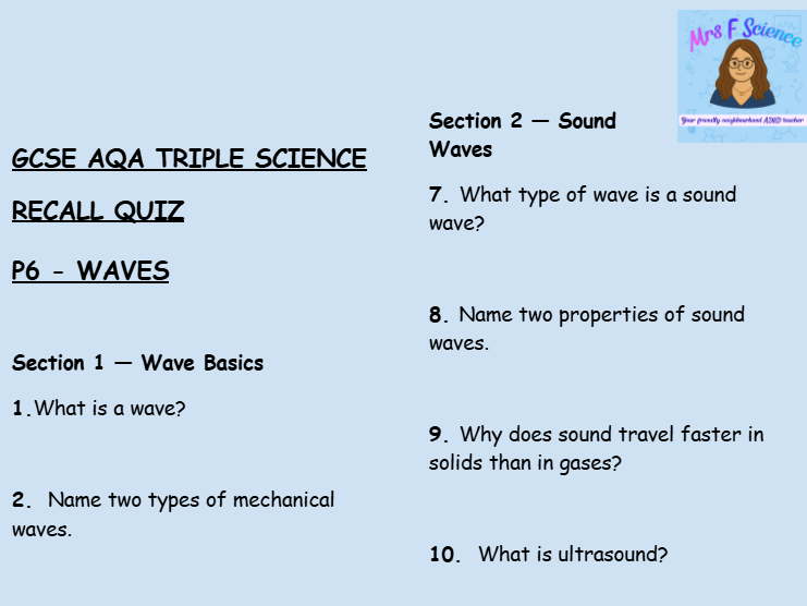 GCSE AQA Triple Physics – Waves Retrieval Questions (Sound & Wave Equation)