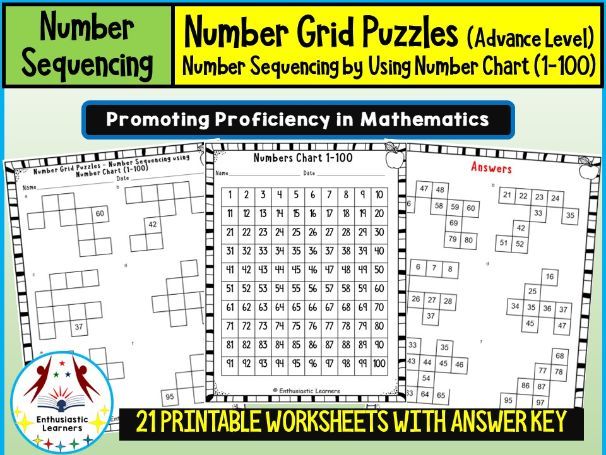 Number Sequencing with ‘Number Grid Puzzle’ Advance Level with Number Chart 1-100 Worksheets Practic