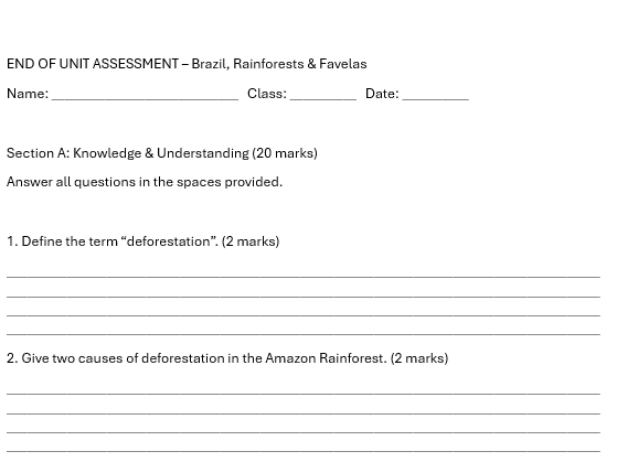KS3 Brazil unit: Assessment and Knowledge Organiser