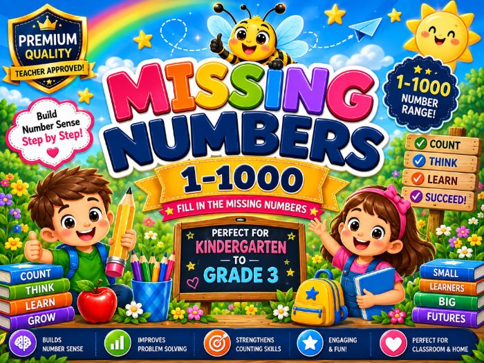 Missing Numbers 1-1000 Worksheets | Number Sequence & Math Practice | Kindergarten-3rd Grade