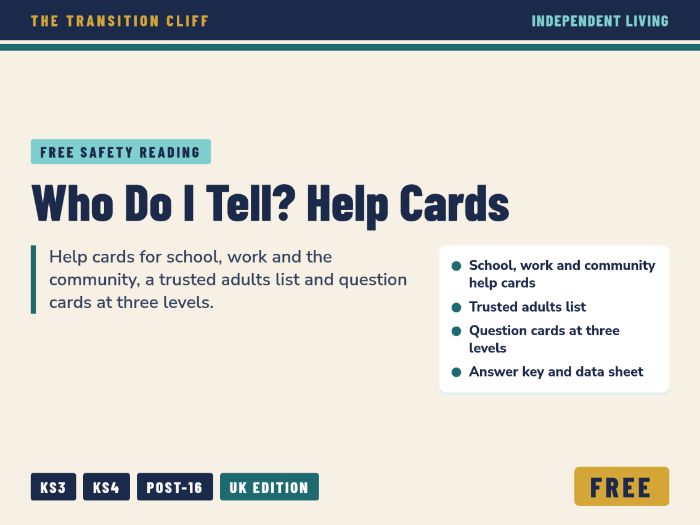 FREE Who Do I Tell? Help Cards and Trusted Adults Reading Practice for SEND (KS3, KS4, Post-16)