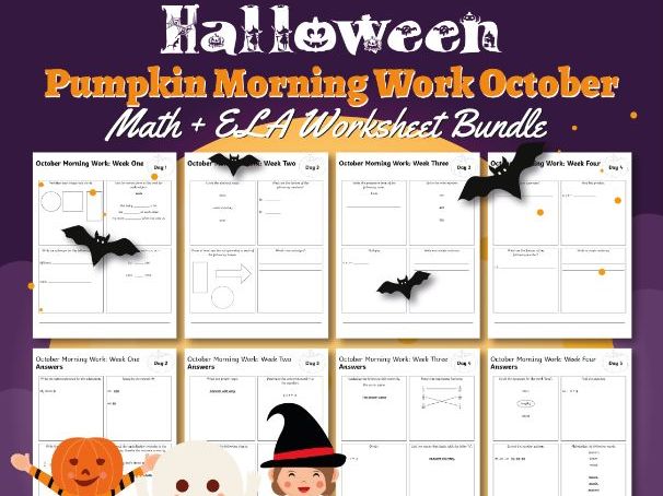 Third Grade Pumpkin Morning Work October | Math + ELA Worksheet Bundle | Halloween Theme
