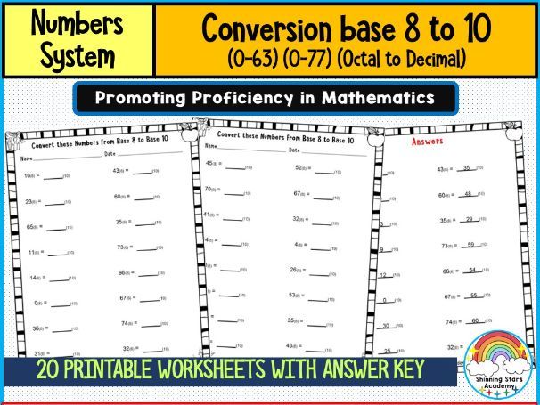 Conversion Base 8 to 10 (0–63) Number system Worksheets | Octal to Decimal Conversion Practice