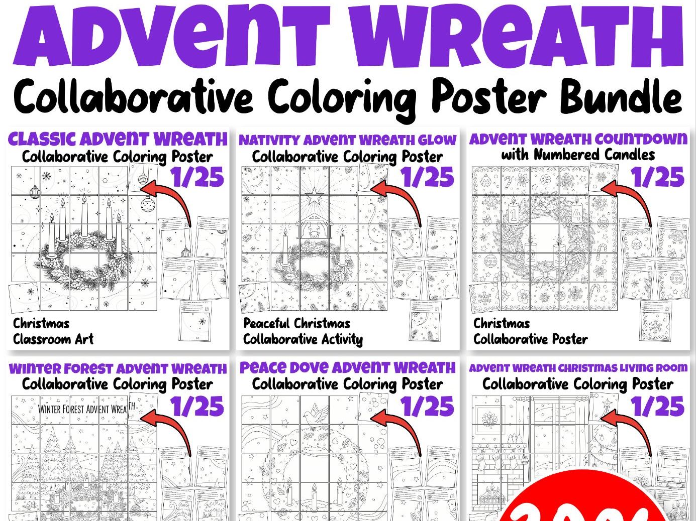 Advent Wreath Collaborative Posters Bundle | 6 Christmas Classroom Coloring Activities