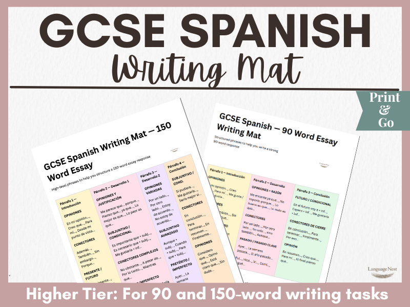 GCSE Spanish 90 and 150 Word Essay Writing Mat | GCSE Spanish Structured Paragraph Support