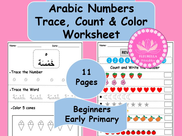 Learn Arabic Numbers (1-10), Tracing, Counting, &coloring worksheets (Beginners)