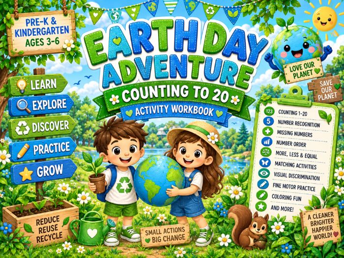 Earth Day Math Worksheets | Counting to 20 & Number Recognition Activities | Pre-K & Kindergarten