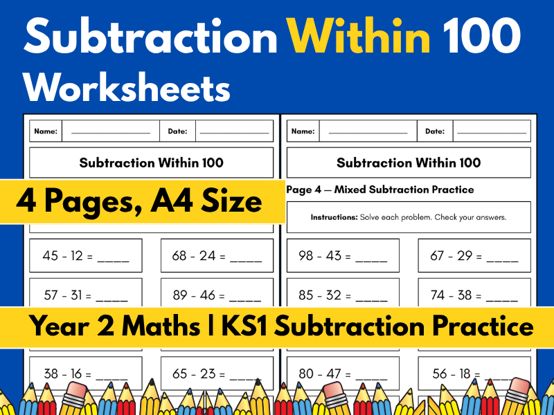 Subtraction Within 100 Worksheets | Year 2 Maths | KS1 Subtraction Practice