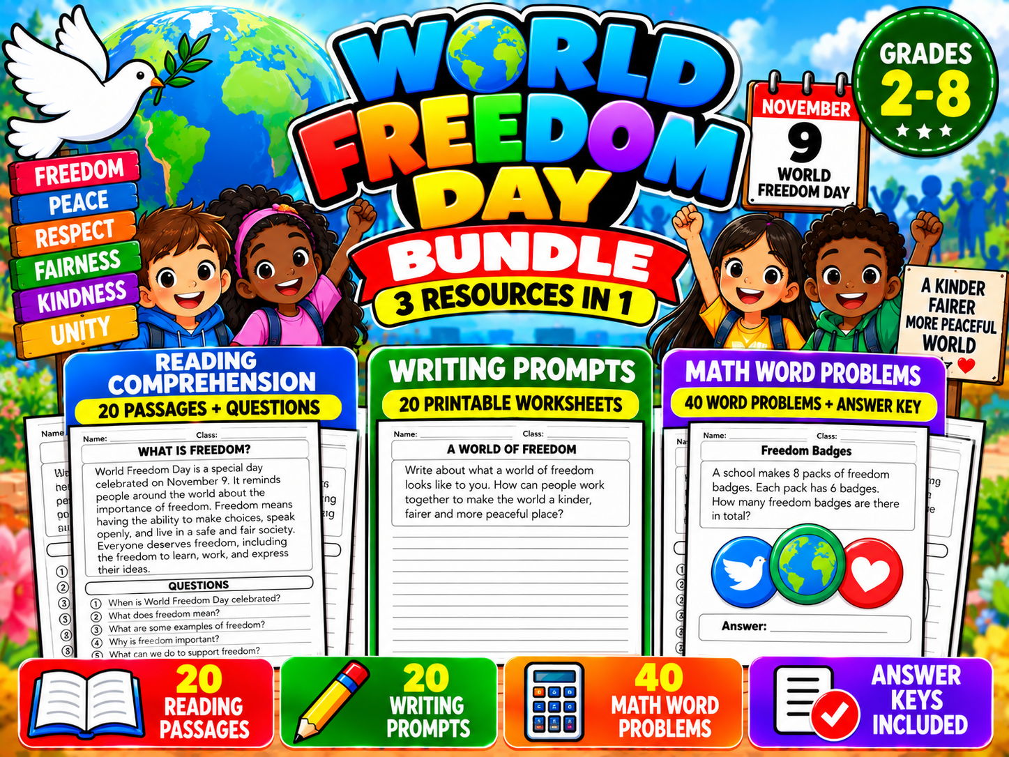 World Freedom Day Activities Bundle | Reading, Writing & Math | Grades 2–8