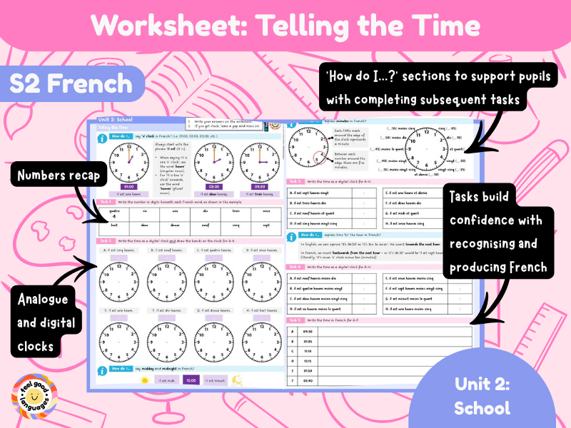 S2 French Worksheet: Telling the Time