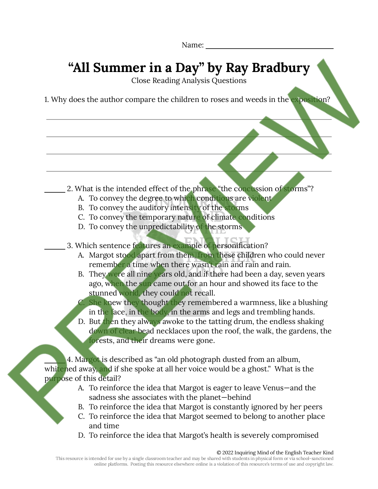  all summer in a day by ray bradbury close reading questions