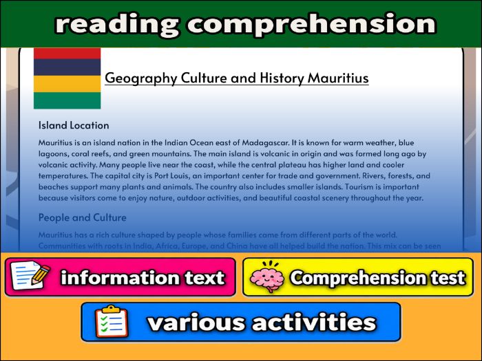 Geography Culture and History Mauritius- Reading Comprehension, Worksheet & Activities