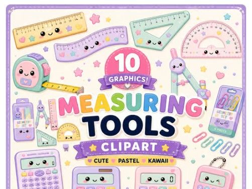 Kawaii Measuring Tools Clipart | 10 Pastel art Rulers & School Supplies