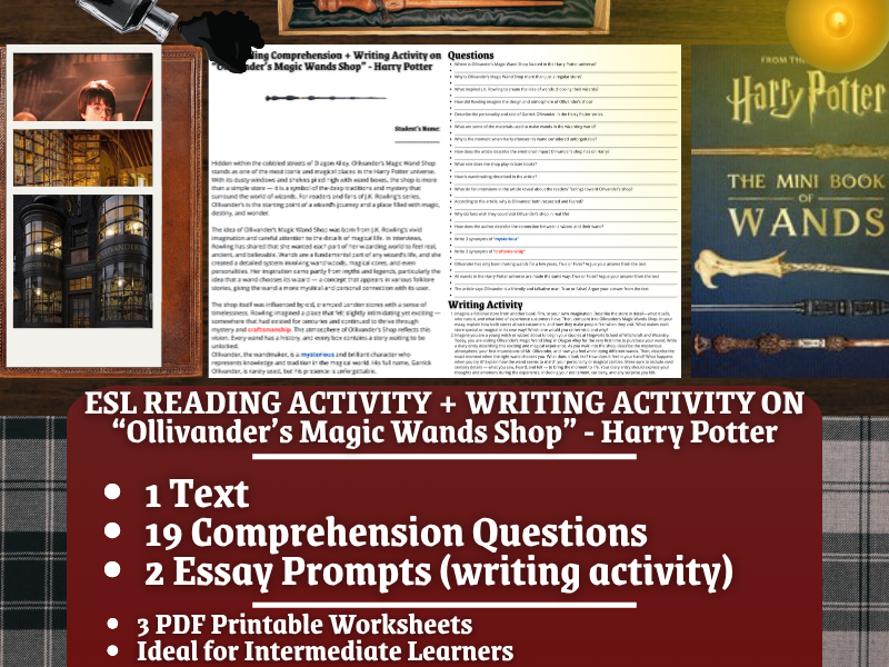 ESL Reading Comprehension + Writing Activity - Ollivander's Magic Wands Shop - Harry Potter