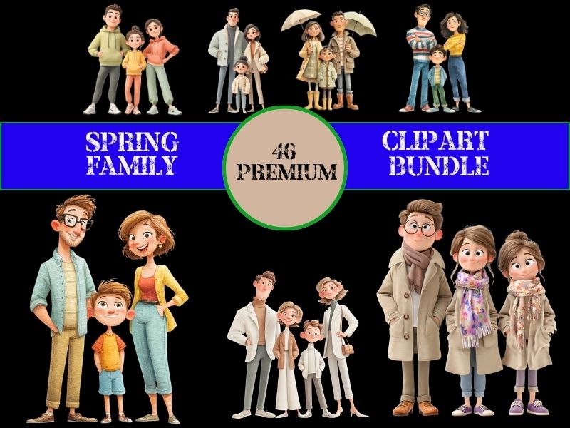 Spring Family Clipart Bundle 3D Watercolor Cartoon Dad Mom Son PNG for Classroom Resources