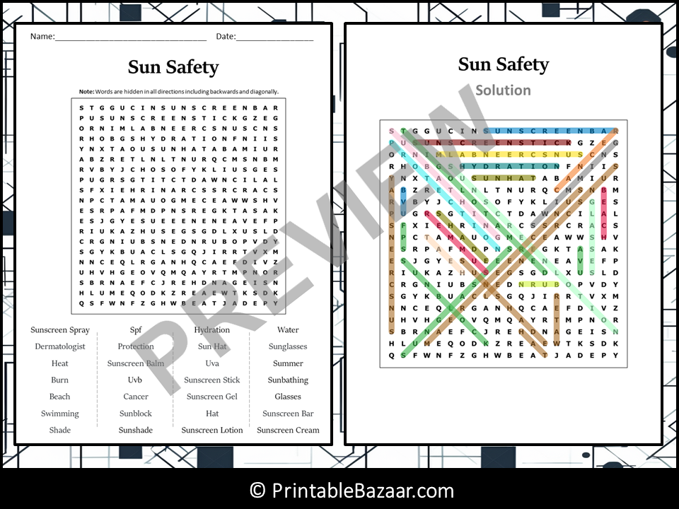 Sun Safety Word Search Puzzle Worksheet Activity | Teaching Resources