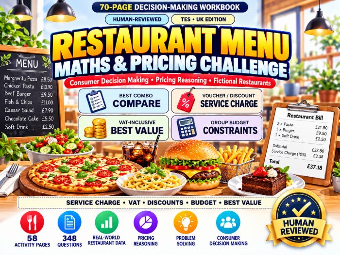 Restaurant Menu Maths & Pricing Challenge | KS3 Consumer Maths | Years 7–9 | 70 Pages