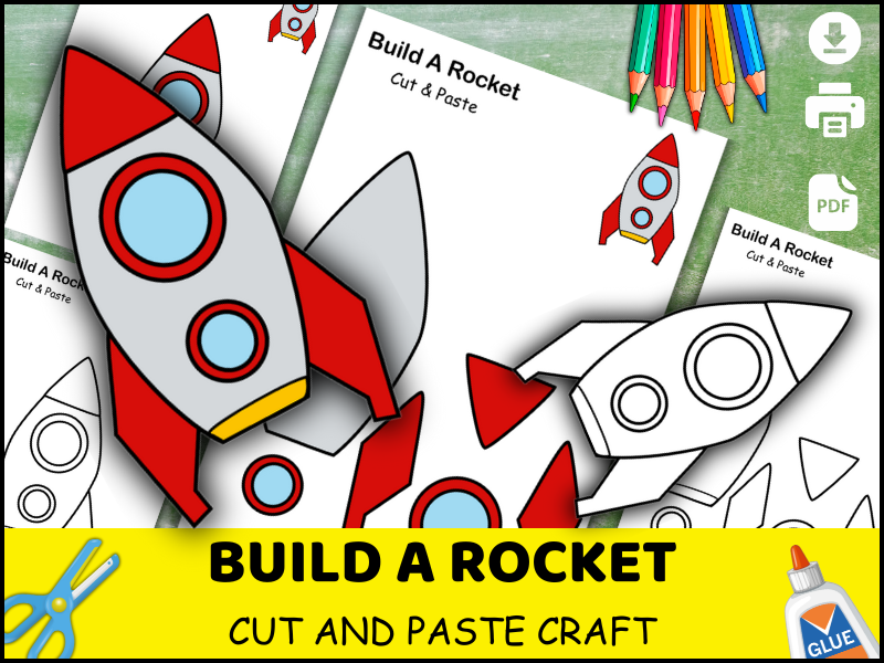 Rocket Craft Printable | Space Theme Cut and Paste Activity | Preschool Astronaut Coloring Worksheet