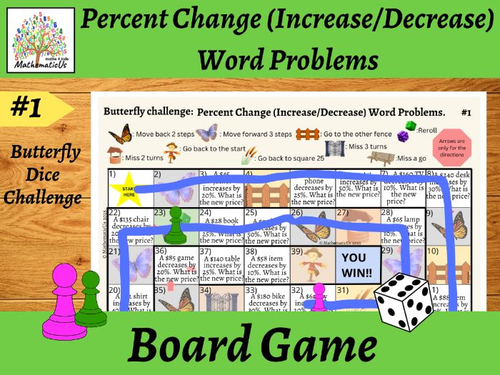 Percent Change (Increase/Decrease) Word Problems Butterfly Board Game #1