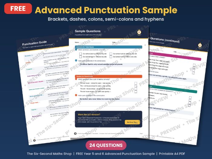 FREE Year 5 and 6 Advanced Punctuation Sample - Brackets, Dashes, Colons, Semi-colons
