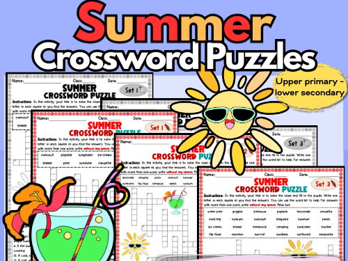 Summer Colour / Black and White Differentiated Crossword Printables with Word Bank