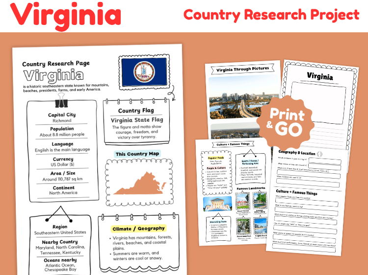 Virginia State Research Project | US Geography & State Study Worksheets