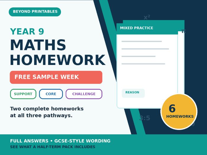 Year 9 Maths Homework Free Sample | Support, Core & Challenge | Full Answers