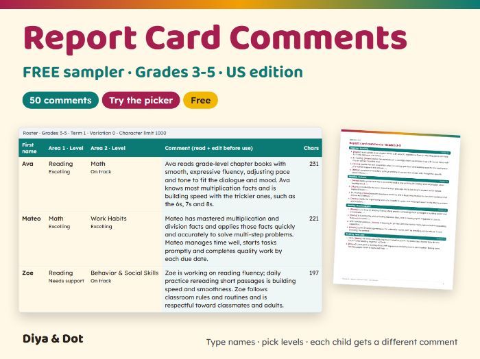 Free Report Card Comments: Grades 3-5