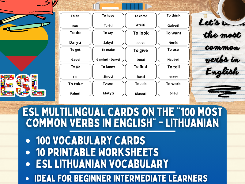 ESL Multilingual Vocabulary Flashcards - 100 most common verbs - Lithuanian